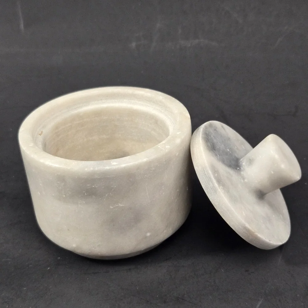 Vintage Natural White Marble Lidded Canister Gray Veined Stone Jar Trinket Box